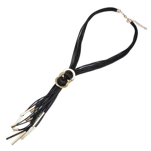 Lange Lederband Kette Fäden schwarz goldfarben Brass Ringe ca 50 cm lang Edelstahl verstellbar - chic - net.de