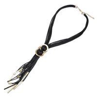 Load image into Gallery viewer, Lange Lederband Kette Fäden schwarz goldfarben Brass Ringe ca 50 cm lang Edelstahl verstellbar - chic - net.de
