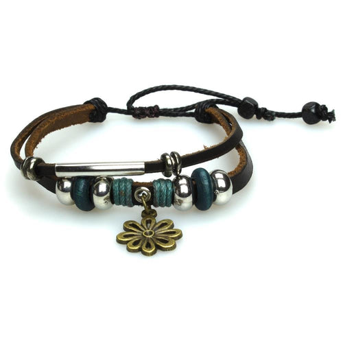 Lederarmband Blume grün braun Schnur Surfer Band Holz Brass verstellbar Leder nickelfrei - chic - net.de