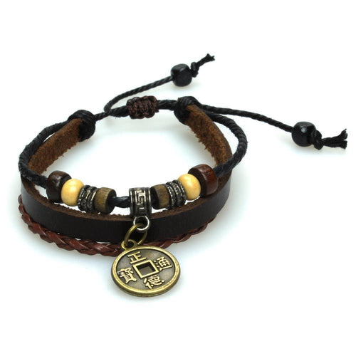 Lederarmband Münze asiatisch Surfer Band geflochten Seil Holz Brass Perlen verstellbar Leder - chic - net.de