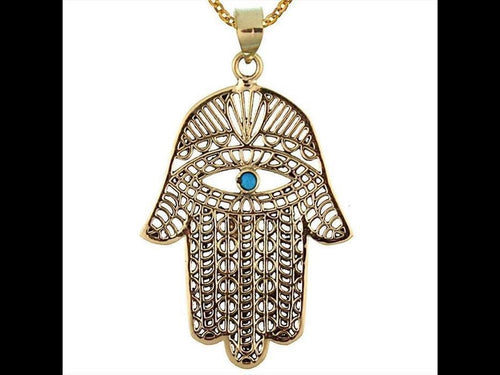 Messing Anhänger Hand der Fatima Henna Auge Türkis gold Kette nickelfrei Tribal antik Hamsa Khamsa - chic - net.de