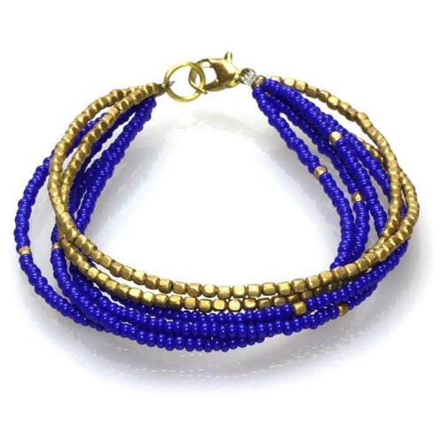 Messing Armband mehrlagig golden eckig blau nickelfrei Perlen antik Tribal 17,8 cm Karabiner - chic - net.de