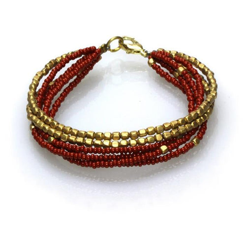Messing Armband mehrlagig golden eckig braun nickelfrei Perlen antik Tribal 17,8 cm Karabiner - chic - net.de