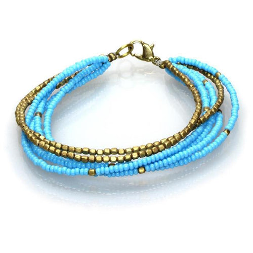 Messing Armband mehrlagig golden eckig hellblau nickelfrei Perlen antik Tribal 17,8 cm Karabiner - chic - net.de