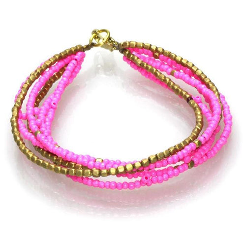 Messing Armband mehrlagig golden eckig rosa nickelfrei Perlen antik Tribal 17,8 cm Karabiner - chic - net.de