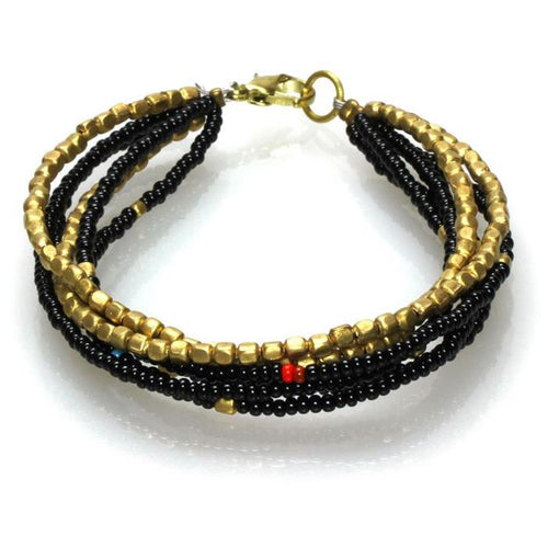 Messing Armband mehrlagig golden eckig schwarz nickelfrei Perlen antik Tribal 17,8 cm Karabiner - chic - net.de