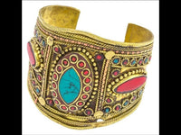 Cargar imagen en el visor de la galería, Messing Armreif gold Raute Mandel Seile Türkis Jaspis breit nickelfrei verstellbar antik Tribal - chic - net.de
