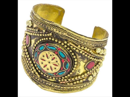 Messing Armreif gold Raute Stern Türkis Jaspis breit nickelfrei verstellbar Perlen antik Tribal - chic - net.de