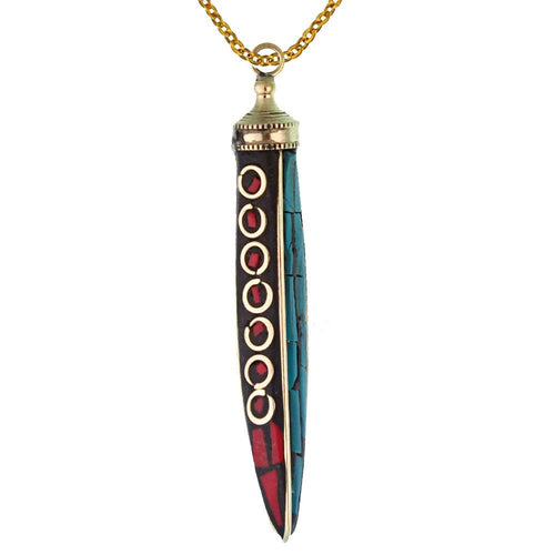 Messing Grün Kreise Anhänger Säbelzahn schmal gold nickelfrei Mosaik rote Steine Kette Stein Brass - chic - net.de