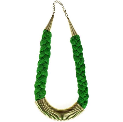 Messing Kette gold grün Zopf Feder nickelfrei 45 - 49 cm Baumwolle Karabiner antik Tribal Brass - chic - net.de