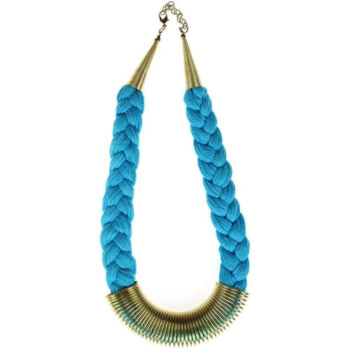 Messing Kette gold hellblau Zopf Feder nickelfrei 45 - 49 cm Baumwolle Karabiner antik Tribal Brass - chic - net.de