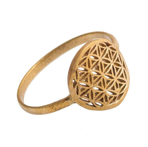 Messing Ring Lebensblume rund filigran Blume des Lebens dünn Brass antik golden - chic - net.de