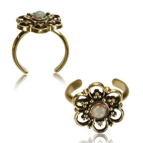 Messing Zehenring Opal weiß Blume golden antik verstellbar nickelfrei - chic - net.de