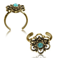 Load image into Gallery viewer, Messing Zehenring Türkis Blume golden antik verstellbar nickelfrei - chic - net.de
