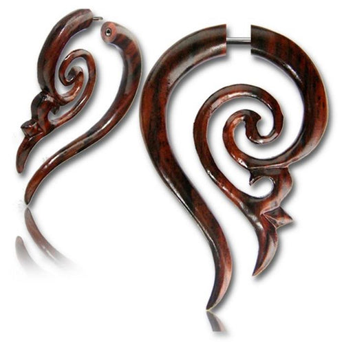 Narra Holz Tribal Fake Piercing French Hook Spirale braun Schnörkel Edelstahl 1 mm Expander - chic - net.de