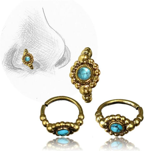 Nostril Piercing Nasenringe Brass antik golden Kugelblume Türkis 1 cm/0,8 mm - chic - net.de