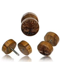 Load image into Gallery viewer, Four Fake Motiv Holz Plug Piercing earrings are shown, each with a metal post and detailed Lebensbaum design on the round wooden face—perfect Edelstahl jewelry for lovers of Lebensblume, Om, or Shivaauge motifs.
