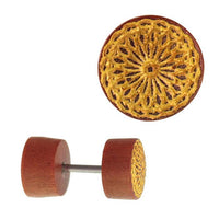 Load image into Gallery viewer, Fake Holz Plug Piercing Edelstahl Gravur teils golden verschiedene Motive
