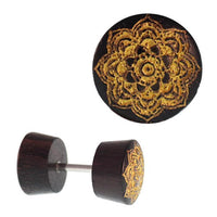Load image into Gallery viewer, Fake Holz Plug Piercing Edelstahl Gravur teils golden verschiedene Motive

