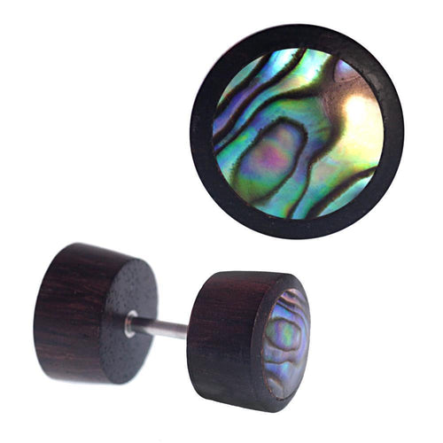 Fake Holz Plug Piercing Edelstahl Inlay Türkis Perlmutt verschiedene Motive