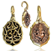 Cargar imagen en el visor de la galería, Ohrgewichte Piercing Ganesha Om Brass antik golden Kupfer Inlay rotgolden 20 g - chic - net.de
