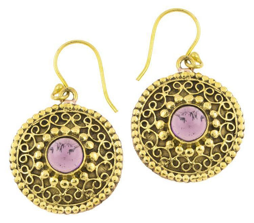 Ohrringe Amethyst Kreise rund Spiralbögen Messing antik golden Tribal 22 mm - chic - net.de