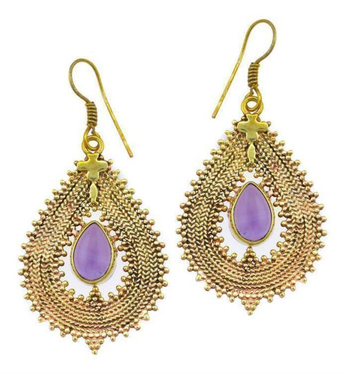 Ohrringe Amethyst Tropfen Zopf Spitzen Kreuz Messing antik gold nickelfrei Tribal Brass Ohrhänger - chic - net.de