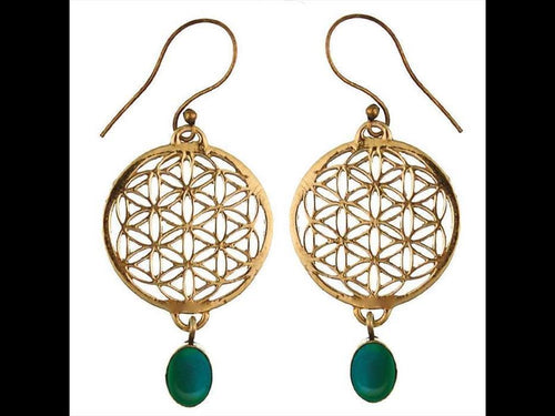 Ohrringe Blume des Lebens rund grüner Onyx Stein Messing antik golden nickelfrei Tribal Brass - chic - net.de