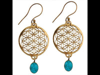 Load image into Gallery viewer, Ohrringe Blume des Lebens rund Türkis Stein Messing antik golden nickelfrei Tribal Brass - chic - net.de
