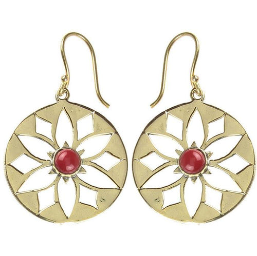Ohrringe Blume Jaspis glänzend Messing Brass antik golden rot Ohrhänger nickelfrei Tribal Schmuck - chic - net.de