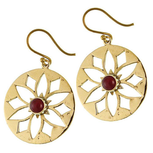 Ohrringe Blume Karneol glänzend Messing Brass antik golden Ohrhänger nickelfrei Tribal Schmuck - chic - net.de