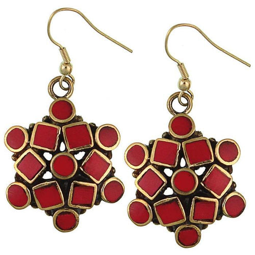Ohrringe Blume Kreise Quadrate Jaspis Messing antik golden nickelfrei Tribal Ohrhänger - chic - net.de