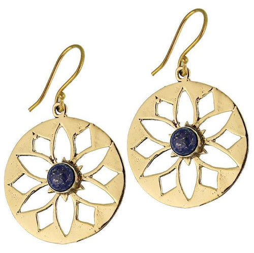 Ohrringe Blume Lapis glänzend Messing Brass antik golden Ohrhänger nickelfrei Tribal - chic - net.de