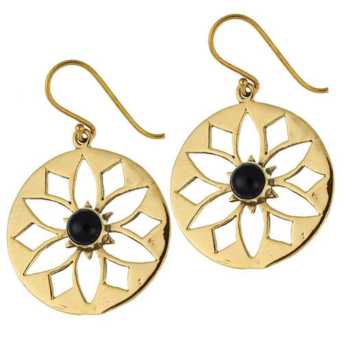 Ohrringe Blume Onyx glänzend Messing Brass antik golden Ohrhänger nickelfrei Tribal - chic - net.de