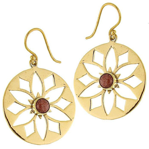 Ohrringe Blume Sandstein glänzend Messing Brass antik golden Ohrhänger nickelfrei Tribal Schmuck - chic - net.de
