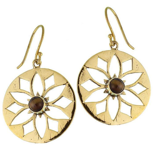Ohrringe Blume Tigerauge glänzend Messing Brass antik golden Ohrhänger nickelfrei Tribal - chic - net.de