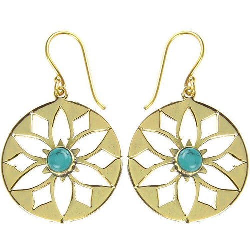 Ohrringe Blume Türkis glänzend Messing Brass antik golden Damen Ohrhänger nickelfrei Tribal Schmuck - chic - net.de