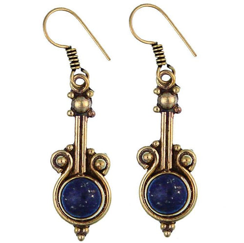 Ohrringe Geige Lapis Punkte Messing Brass antik golden Tribal Ohrhänger - chic - net.de