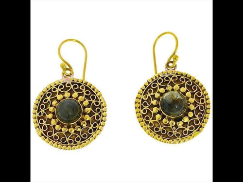 Ohrringe Labradorit Spiralbögen Punkte 25 mm rund Messing antik golden Ohrhänger nickelfrei Tribal - chic - net.de
