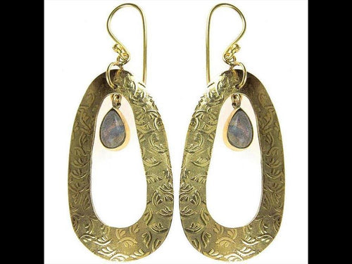 Ohrringe Labradorit Tropfen oval schraffiert Blatt Messing antik golden nickelfrei Tribal Brass - chic - net.de