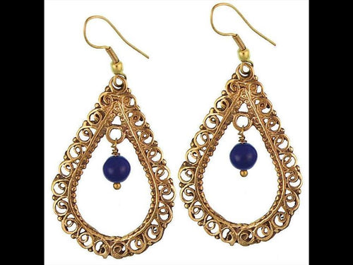 Ohrringe Lapis Lazuli Kugel Tropfen Schnörkel Messing antik golden nickelfrei Ohrhänger Tribal Brass - chic - net.de