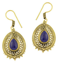 Load image into Gallery viewer, Ohrringe Lapis Tropfen oval Zacken Kreise Messing antik golden Tribal - chic - net.de
