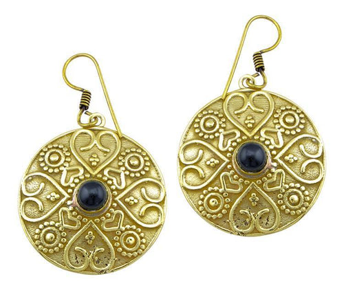 Ohrringe Onyx Stein Herz Kreis Dreiecke Messing Ohrhänger braun nickelfrei antik golden Tribal Brass - chic - net.de