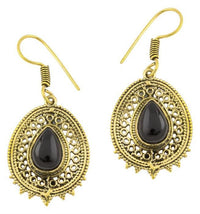 Load image into Gallery viewer, Ohrringe Onyx Tropfen oval Zacken Kreise Messing antik golden Tribal - chic - net.de
