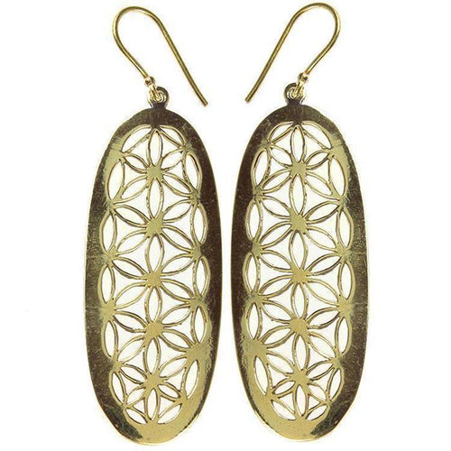 Ohrringe oval flower of life Blume des Lebens glänzend Messing antik golden Ohrhänger nickelfrei - chic - net.de