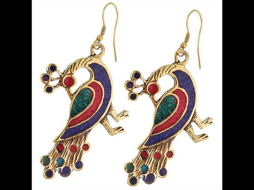 Ohrringe Pfau Mosaik Steine blau rot grün Messing antik golden nickelfrei Tribal Ohrhänger - chic - net.de