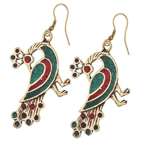 Ohrringe Pfau Mosaik Steine rot grün Messing antik golden blau türkis nickelfrei Tribal Ohrhänger - chic - net.de