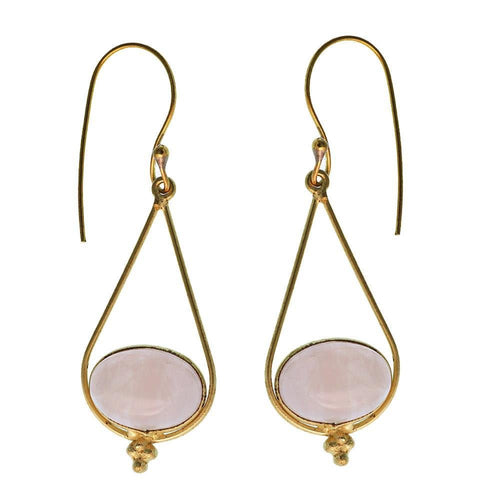 Ohrringe Rosenquarz oval Tropfen Dreieck Punkte Messing antik golden nickelfrei Tribal Ohrhänger - chic - net.de