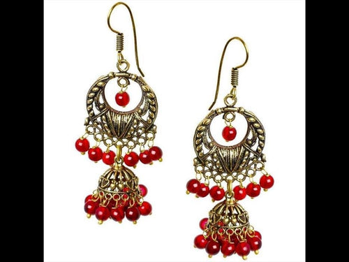 Ohrringe rot Kreise Ringe Halbkugel 50 mm Stein Messing antik golden Ohrhänger nickelfrei Tribal - chic - net.de