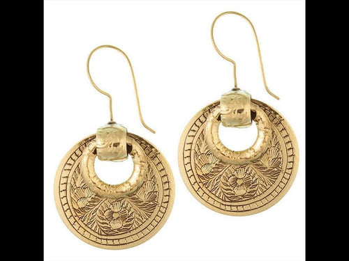 Ohrringe rund Ringe Muster Blüten oxidiert glänzend Messing antik golden Ohrhänger nickelfrei Tribal - chic - net.de